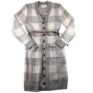 Olive + Oak Cardigan Sweater Womens Large Gray Plaid Button Front Knit Belted